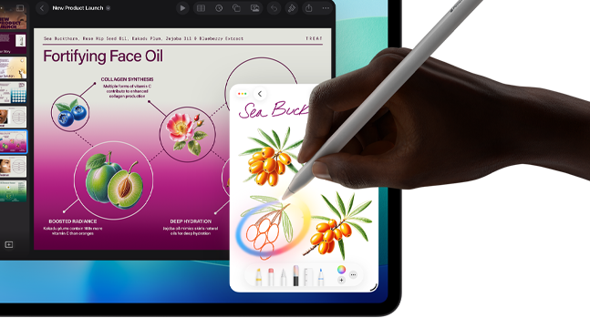 Vooraanzicht van iPad Pro, display met meerdere geopende apps en een achtergrond met kleurverloop van donkerblauw naar groen, een hand die Apple Pencil Pro vasthoudt en een schets omcirkelt met de Apple Intelligence-feature Beeldpenseel