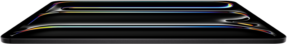 Vooraanzicht van iPad Pro in de kleur spacezwart, behuizing van aluminium en glas, dun profiel, achterover gekanteld met op het display veelkleurige line art