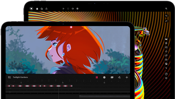 Vooraanzicht van de 13-inch iPad Pro en 11-inch iPad Pro, horizontale stand, kleur spacezwart, afgeronde hoeken, zwarte rand rond het display, 11-inch display met een kleurrijke afbeelding van een personage met rood haar, 13-inch display met elementen van een interface voor het bewerken van kleurrijke foto’s