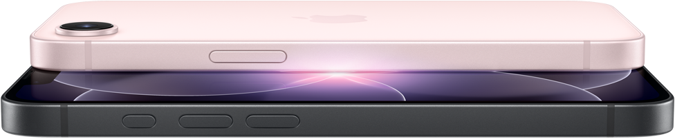 iPhone 17e, zijkant en achterkant in horizontale stand, kleur zachtroze, iPhone 17e, zijkant en voorkant in horizontale stand, kleur zwart