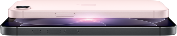 iPhone 17e, zijkant en achterkant in horizontale stand, kleur zachtroze, iPhone 17e, zijkant en voorkant in horizontale stand, kleur zwart