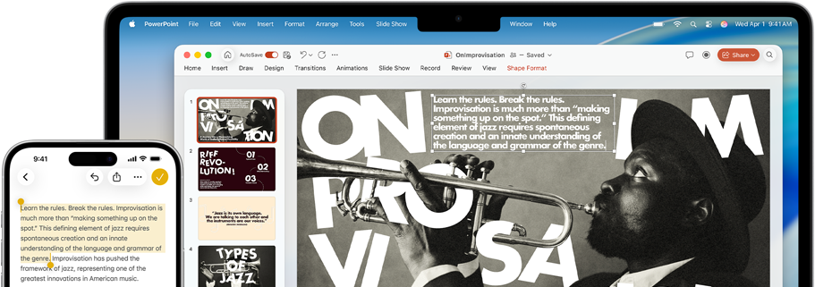 iPhone 16 Plus met gemarkeerde tekst in Notities, MacBook Air met een openstaande slide in Keynote, tekst uit Notities is te zien op de slide