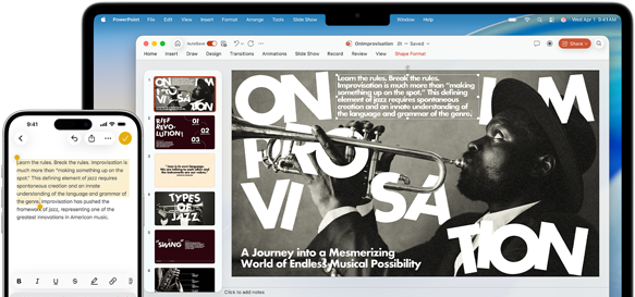 iPhone 16 Plus met gemarkeerde tekst in Notities, MacBook Air met een openstaande slide in Keynote, tekst uit Notities is te zien op de slide