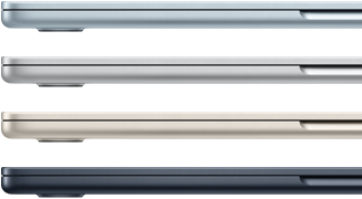 Zijaanzicht van vier MacBook Air-laptops in vier verschillende uitvoeringen