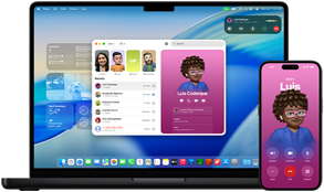 14‑inch MacBook Pro en iPhone 16 – Met de iPhone wordt gebeld naar een contactpersoon genaamd Luis, terwijl op de MacBook Pro hetzelfde gesprek in de Telefoon-app zichtbaar is